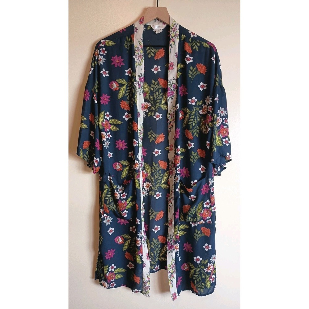 Time and Tru Floral Kimono Navy Boho Duster Open‎ Front Lightweight Medium